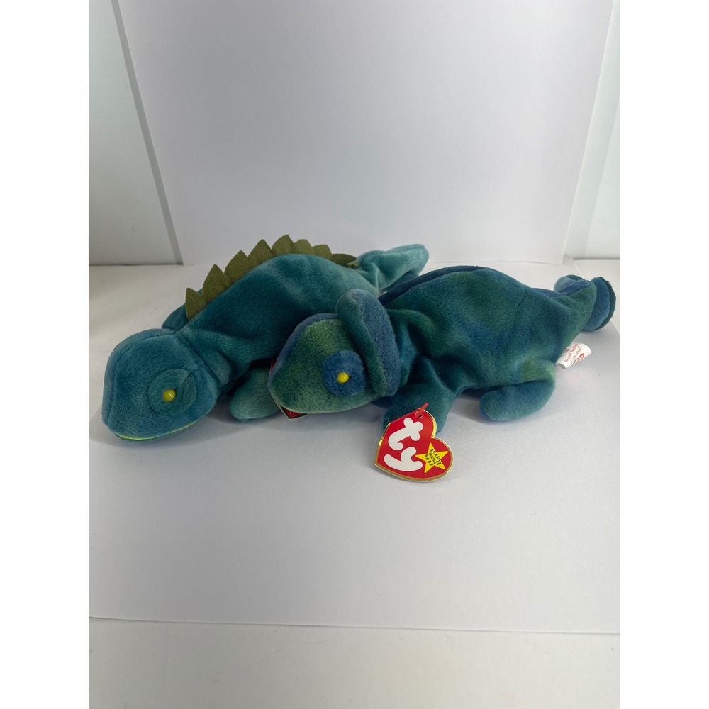 Vintage Ty Beanie Babies Iggy Iguana & Rainbow Chameleon Plush Set 1997 Tags